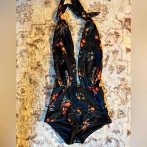 COCOSHIP Black and Orange Retro Style Tie Neck Swimming Suit